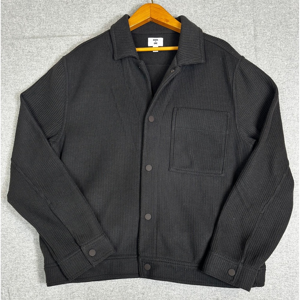 Mode of One Knit Trucket Jacket XL Black Ribbed Snap Front Heavy Shirt Pockets